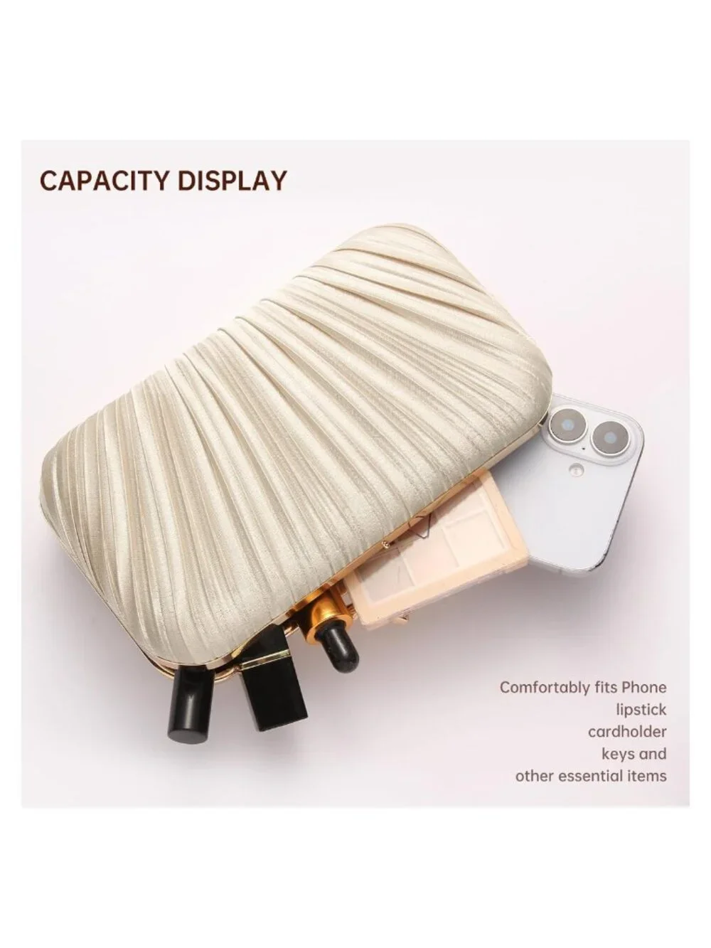 Pleated Satin Evening Clutch with Chain for Prom Wedding Party Formal
